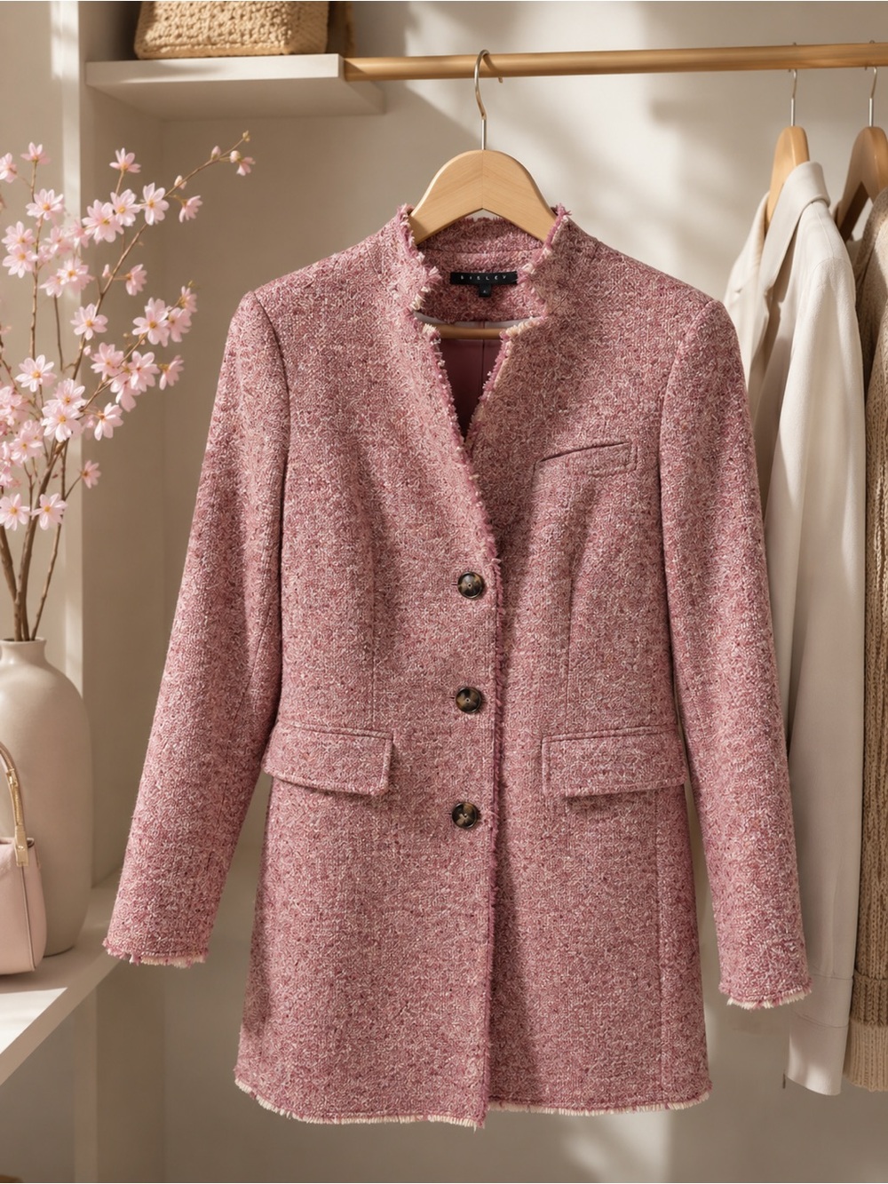 Sisley Rose Pink Tweed Wool Coat Jacket US 4 Mid-Thigh Length Italian Tailored